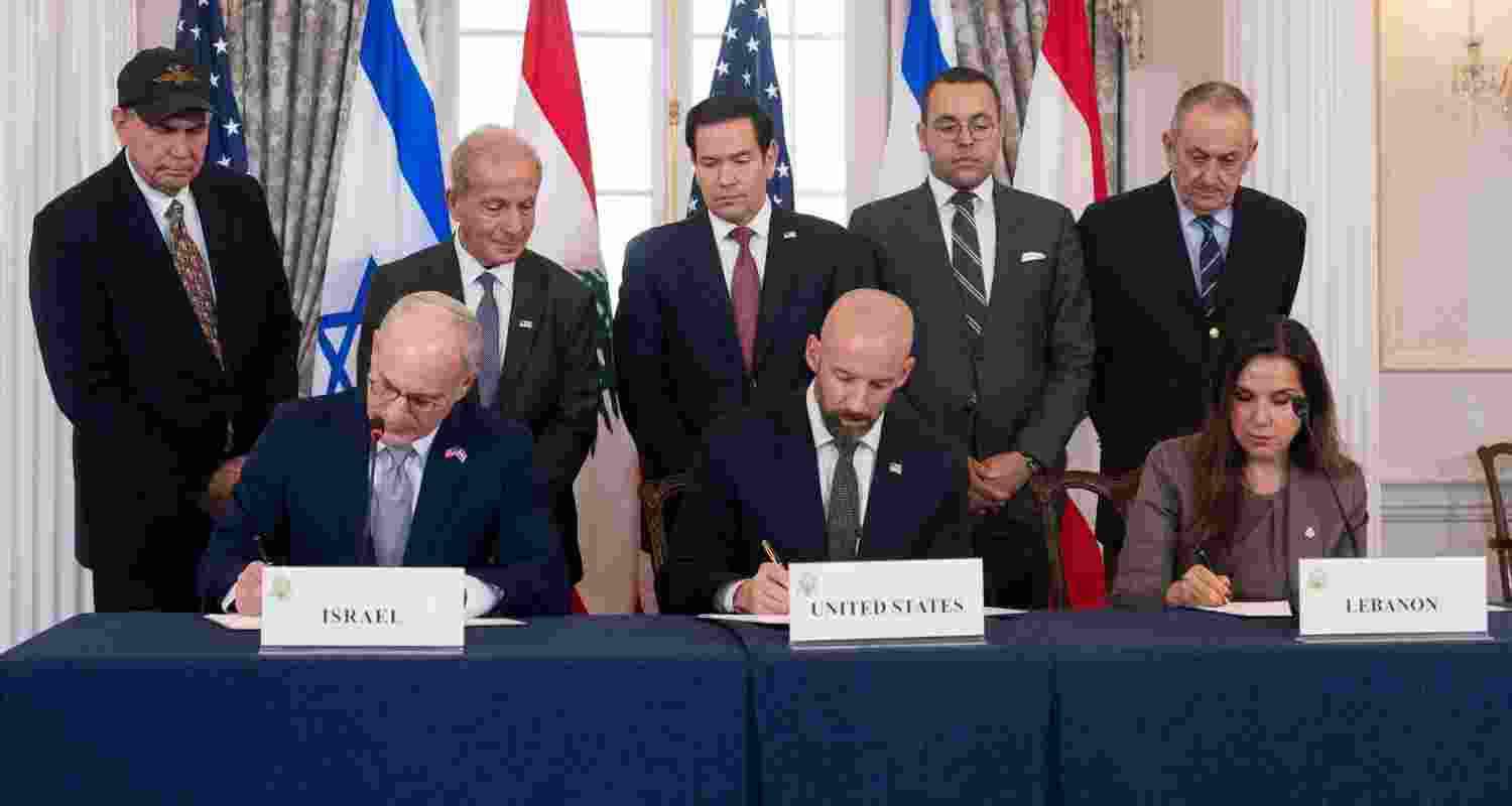 US Secretary of State Marco Rubio, along with Israeli and Lebanese ambassadors to the US, signing the framework agreement as a 'first step towards peace'.