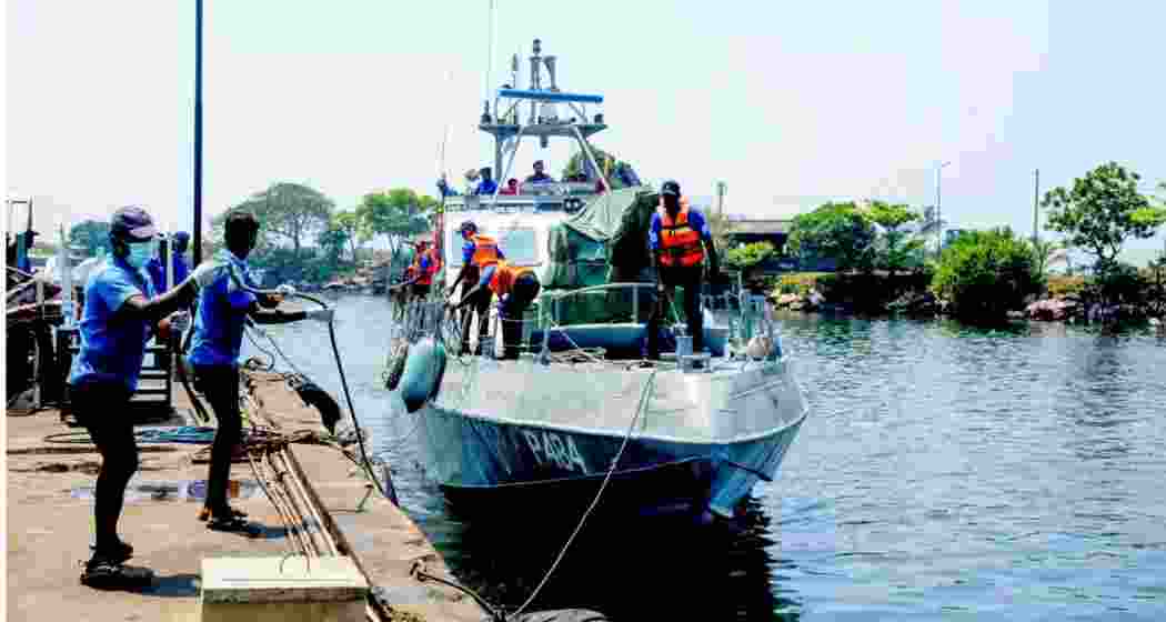 A file photograph of a Sri Lanka Navy patrol craft arriving at Galle Harbour after rescuing Iranian sailors in the Indian Ocean.