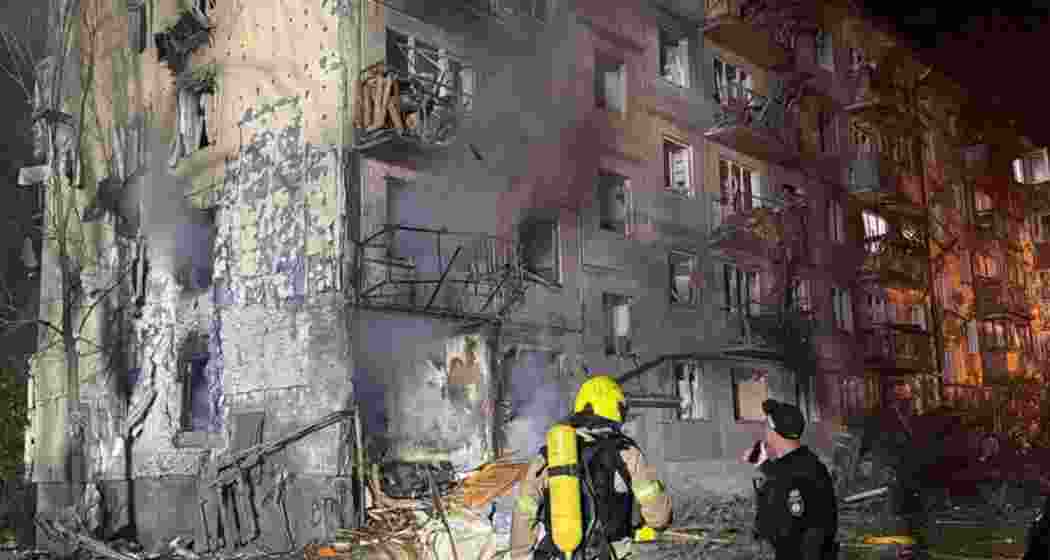A residential buidling bombarded by a Russian airstrike in Kyiv.