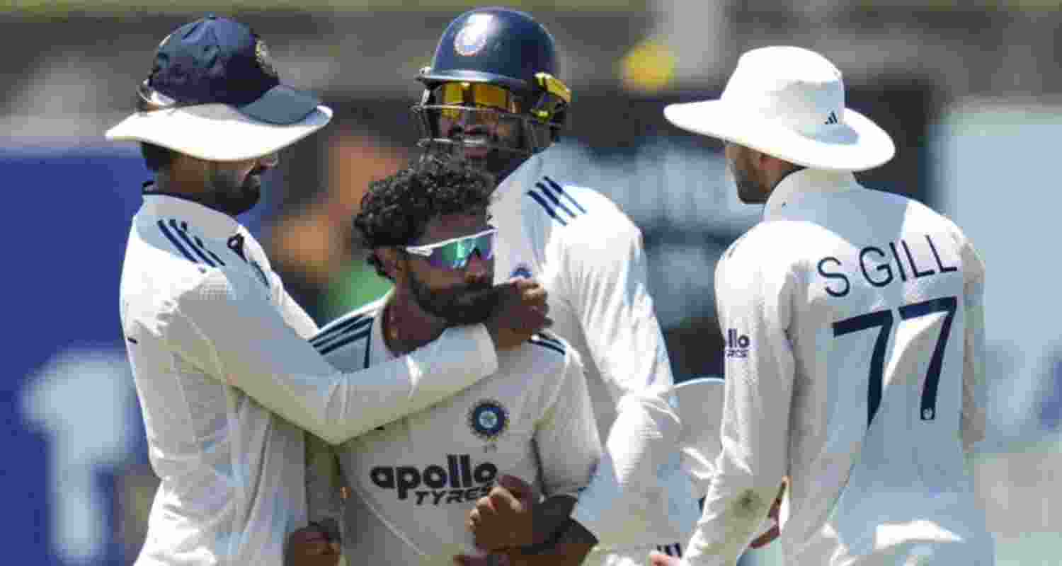 Ravindra Jadeja celebrates with captain Shubman Gill after dismissing Sri Lanka captain Dhananjaya de Silva on day five of the first Test in Galle on Wednesday.