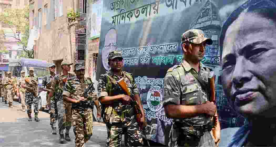 Security personnel during a flag march ahead of West Bengal’s phase 2 polls, as the Election Commission ramps up deployment across 142 constituencies to ensure free, fair and peaceful voting.