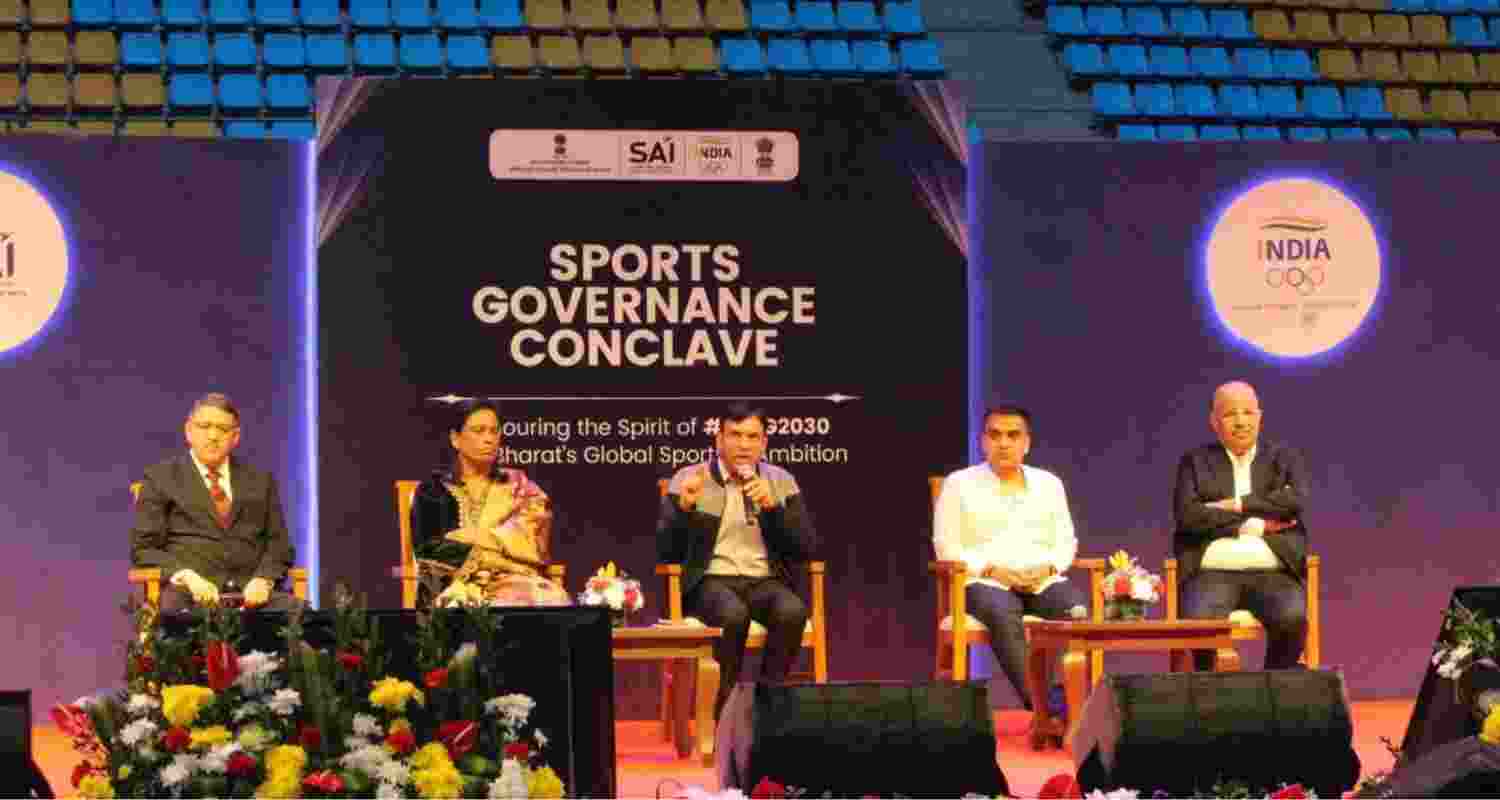 Union Sports Minister Mansukh Mandaviya speaking at the Sports Governance Conclave in Ahmedabad on Friday.