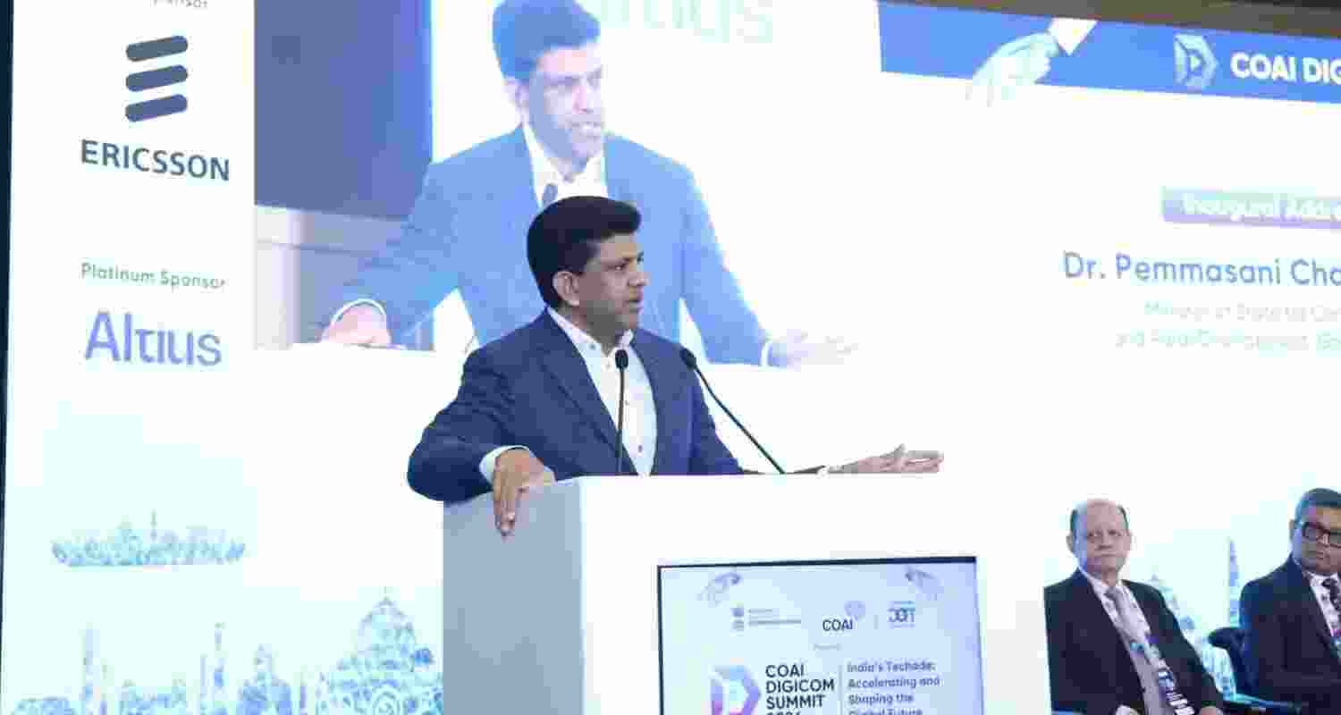 Union Minister of State for Telecom Pemmasani Chandra Sekhar speaking at the COAI Digicom Summit in New Delhi on Friday.