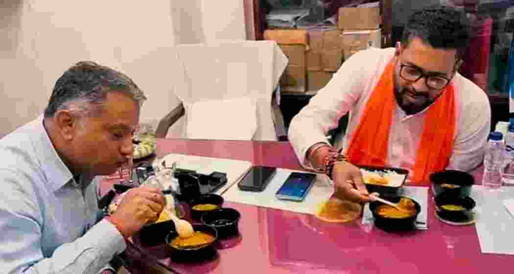 BJP legislators attend a Maachh-Bhaat lunch hosted by Pro-tem Speaker Tapas Roy at the West Bengal Assembly.
