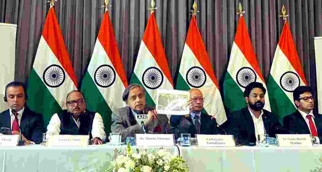 Congress MP Shashi Tharoor addresses the media in Colombia during his official visit on Thursday.