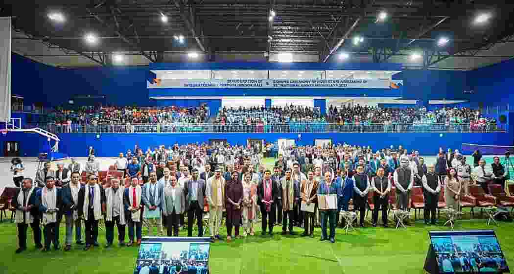 Meghalaya Chief Minister Conrad K. Sangma, accompanied by Union Sports Minister Mansukh Mandaviya and other dignitaries, poses for a photograph inside the ₹132.9-crore Integrated Hospitality & Sports Complex at Shillong’s JN Sports Complex on Saturday.