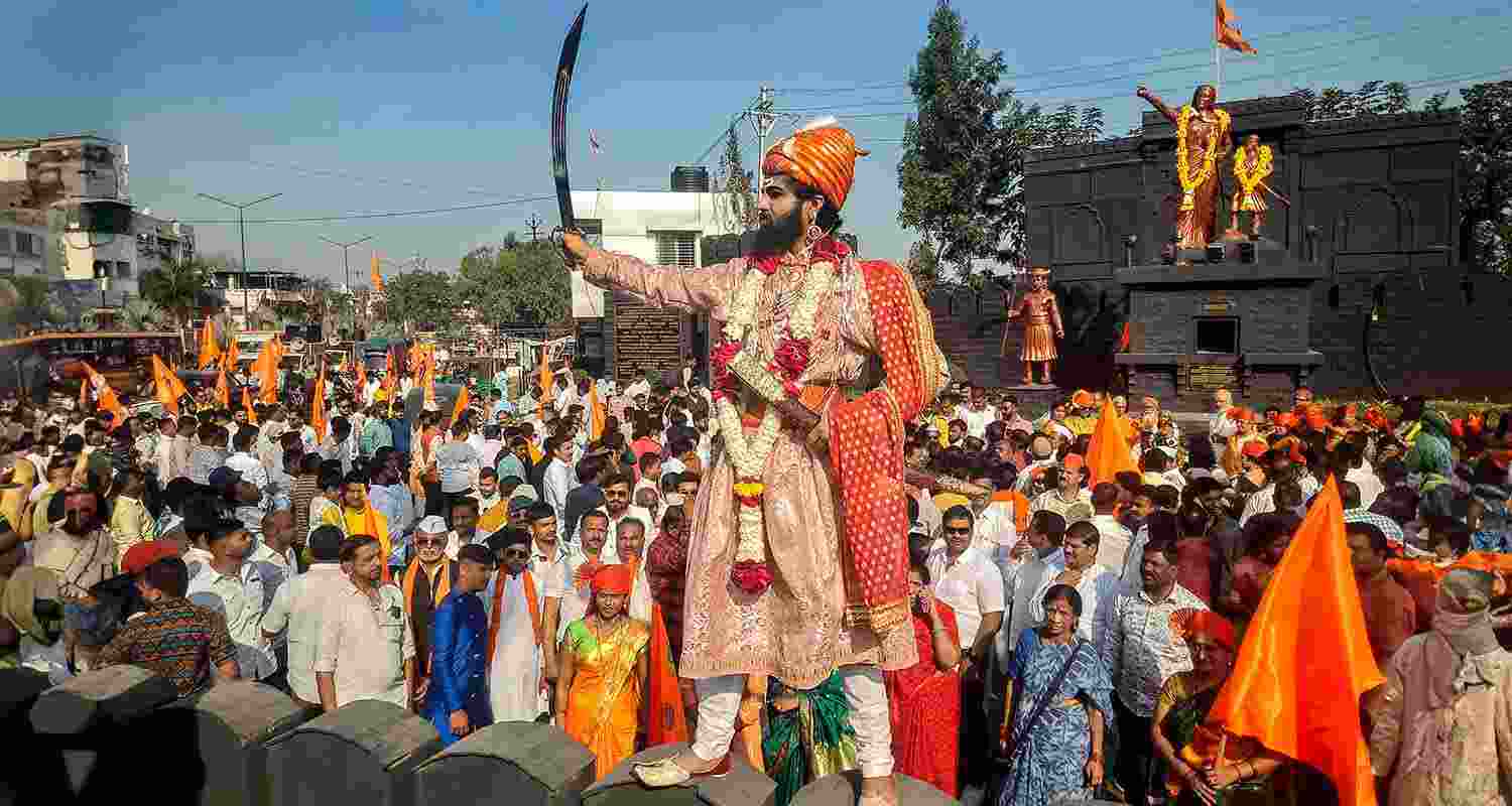 A man dressed as Chhatrapati Maharaj takes part in an event to celebrate Shivaji Jayanti, in Indore.