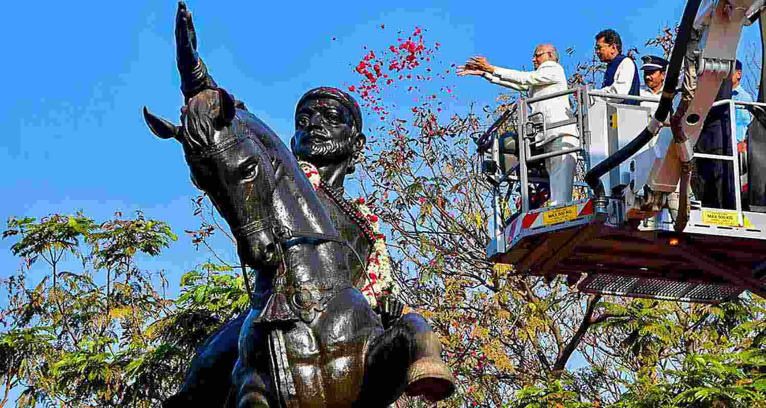 Maharashtra Governor Ramesh Bais pays tributes to Chhatrapati Shivaji Maharaj on the occasion of his birth anniversary, at Shivaji Park, Dadar, in Mumbai.
