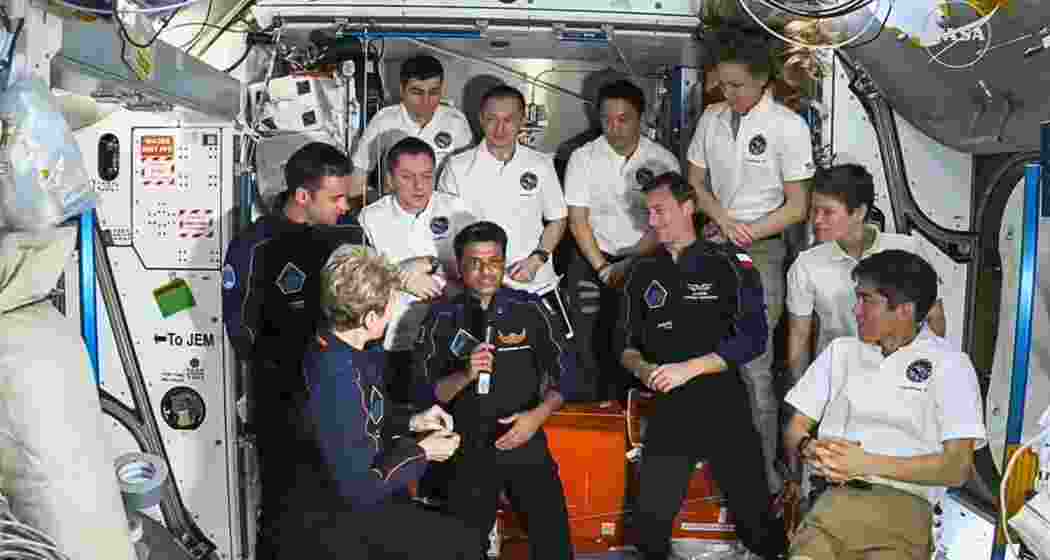 Shubhanshu Shukla aboard the International Space Station with fellow astronauts, as part of the Axiom Mission 4 crew. (Image: @SpaceX / Press Trust of India)