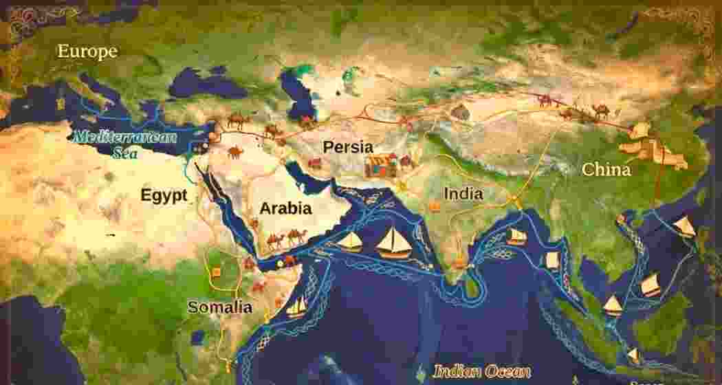 A map illustrating the vast network of trade routes known as the Silk Route, which connected China, Central Asia, India and the Mediterranean through land and sea corridors.