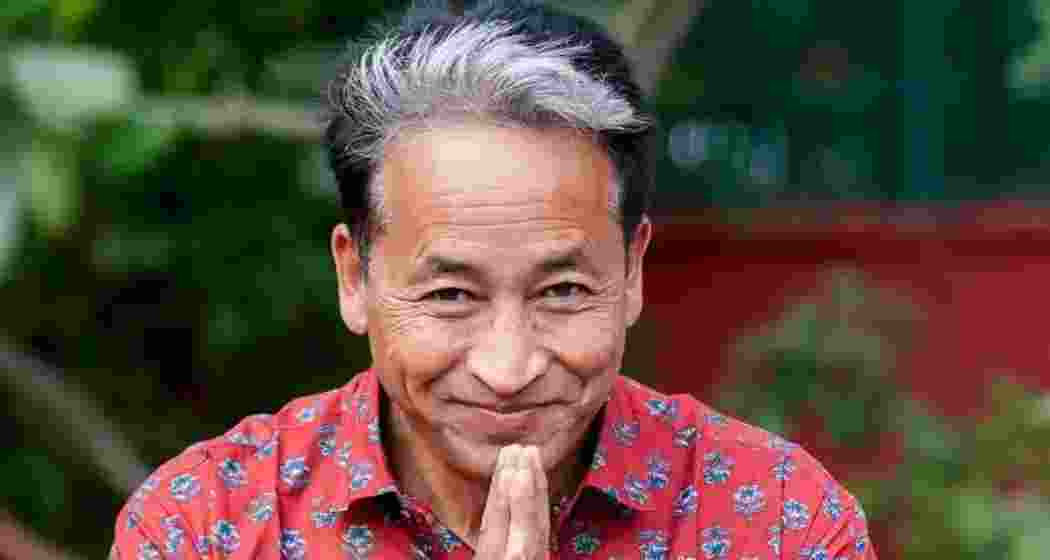 Climate activist Sonam Wangchuk gestures during a press conference in New Delhi. (PTI)