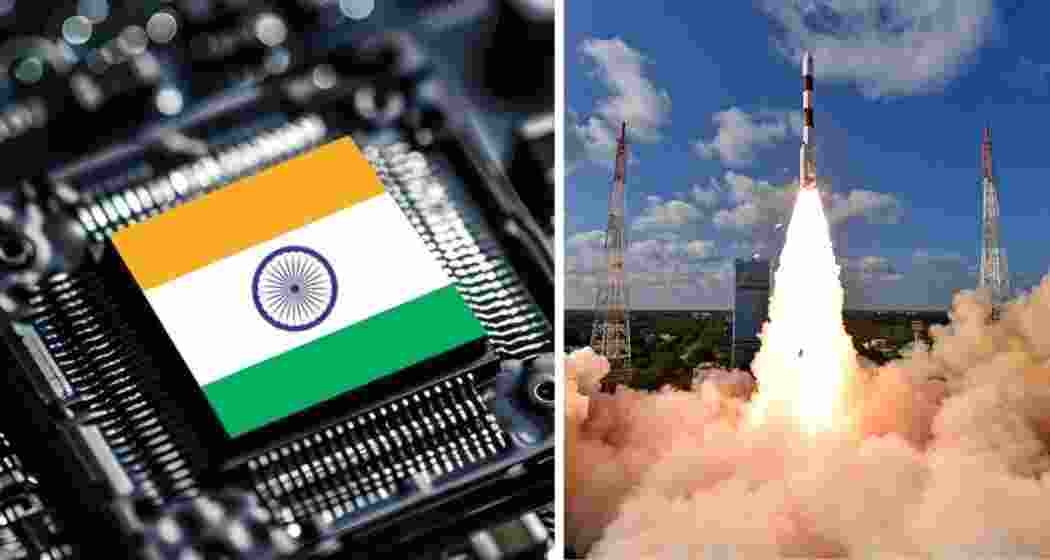 Representative image showing an integrated circuit (left) and a rocket launch from ISRO’s base at Sriharikota in Andhra Pradesh (right).
