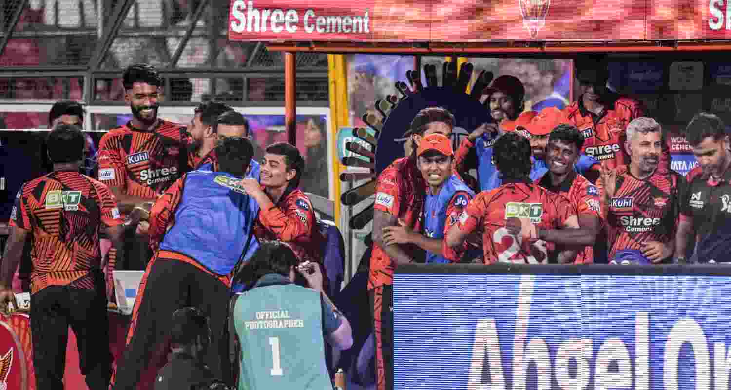 Sunrisers Hyderabad's members celebrate in the dugout after winning the Indian Premier League (IPL) 2026 T20 cricket match between Rajasthan Royals and Sunrisers Hyderabad, in Jaipur, Rajasthan, Saturday, April 25, 2026. 
