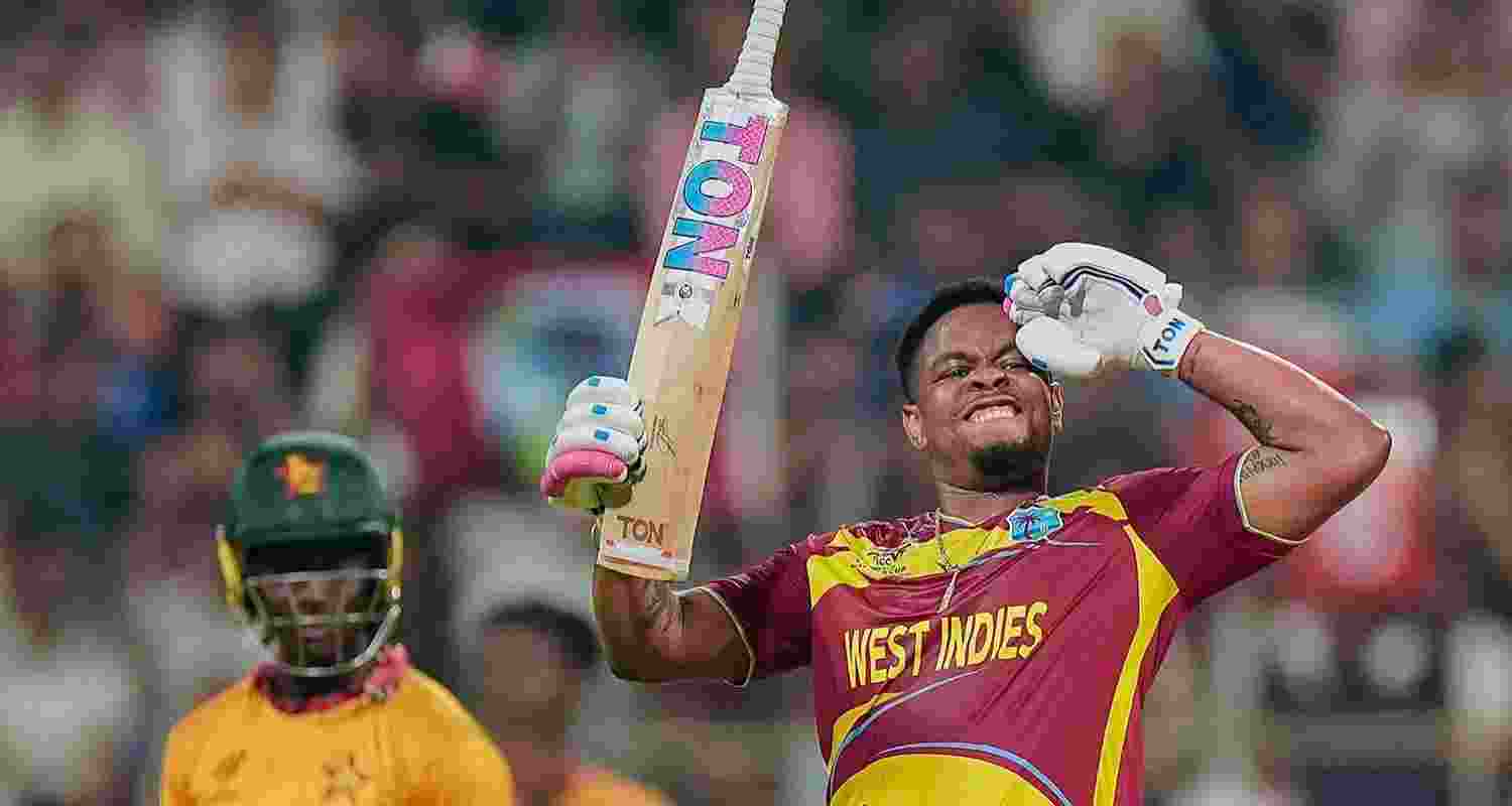 West Indies' Shimron Hetmyer celebrates his half century during an ICC Men's T20 World Cup cricket match between Zimbabwe and West Indies at the Wankhede Stadium in Mumbai on Monday.