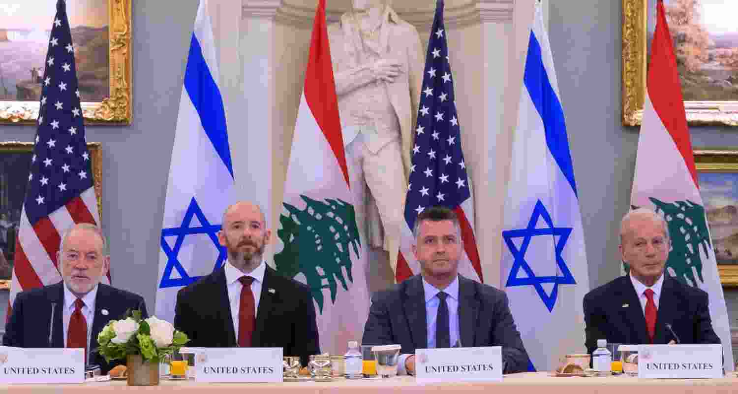 United States Ambassador to Israel Mike Huckabee (extreme left) is joined by (second from left) State Department Chief of Staff Dan Holler, Sr., State Department Counselor and Director, Office of Policy Planning Michael A. Needham and United States Ambassador to Lebanon Michel Issa as they meet Israeli Ambassador to the United States Yechiel Leiter and Lebanese Ambassador to the United States Nada Hamadeh at the State Department in Washington on Tuesday.