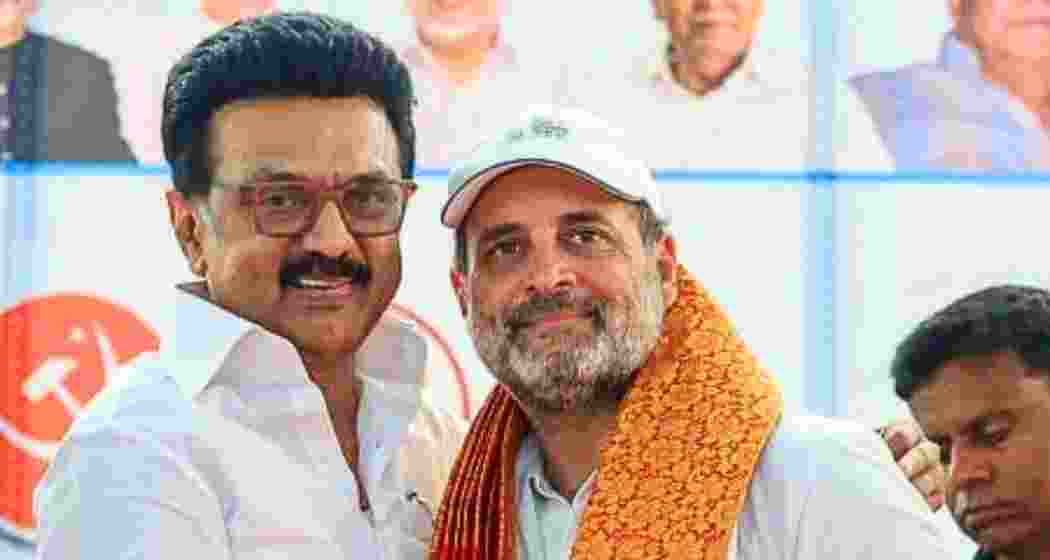 DMK's M K Stalin and Congress leader Rahul Gandhi seen together during a political event. 