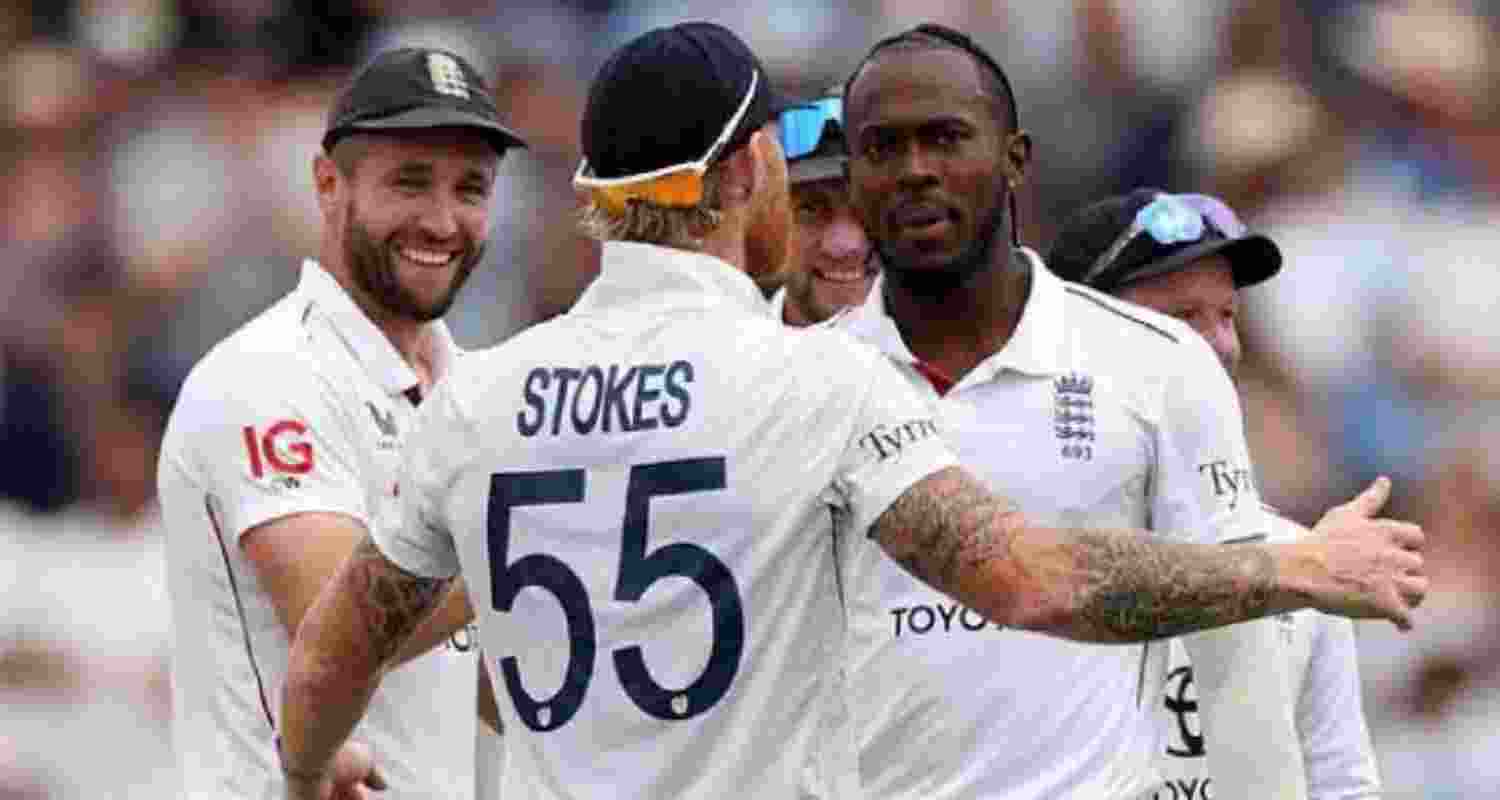 Jofra Archer (right) celebrating with teammates after dismissing Washington Sundar on the fifth day of the Third Test between England and India at Lord's on Monday.