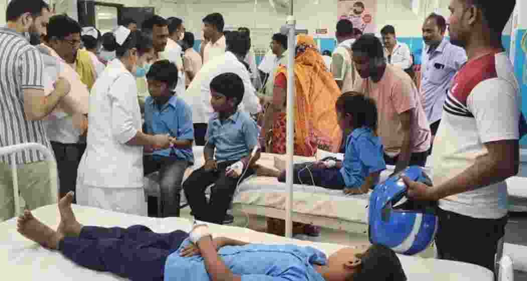 Students undergo treatment at Biharsharif Sadar Hospital after falling ill following a mid-day meal at a government school in Nalanda.