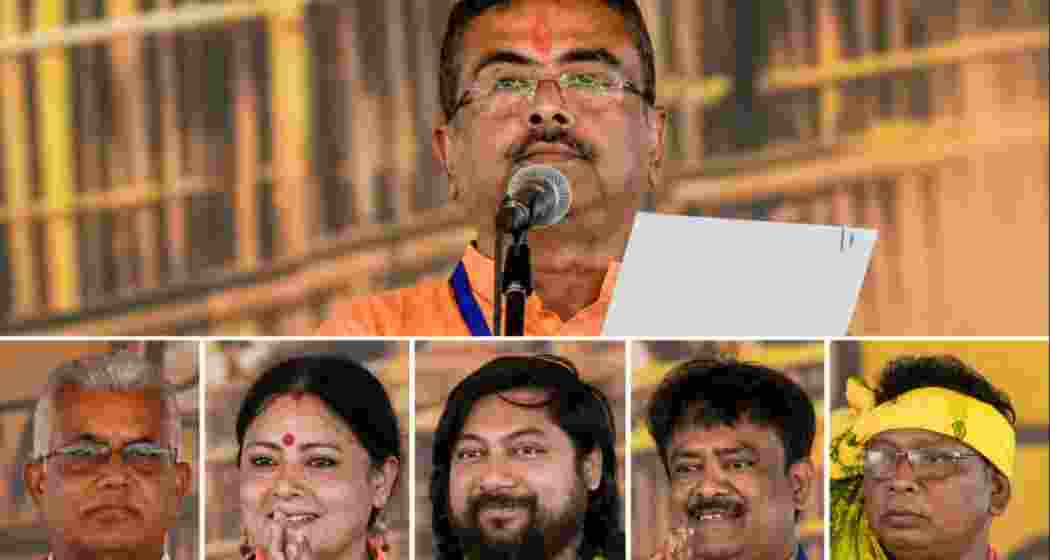 West Bengal Chief Minister Suvendu Adhikari and ministers of his newly formed BJP cabinet after portfolio allocation in Kolkata on Monday.