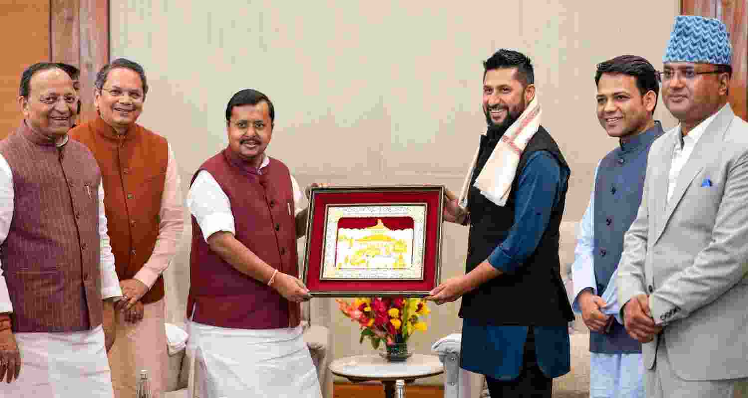 BJP national president Nitin Nabin with Nepal's Rastriya Swatantra Party (RSP) chief Rabi Lamichhane during a meeting under "Know BJP" initiative at the party headquarters in New Delhi on Tuesday.
