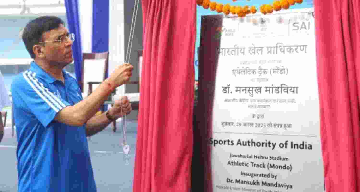 Union Sports Minister Mansukh Mandaviya unveiling a brand-new Mondo track at the Jawahar Lal Nehru Stadium in New Delhi on Friday.
