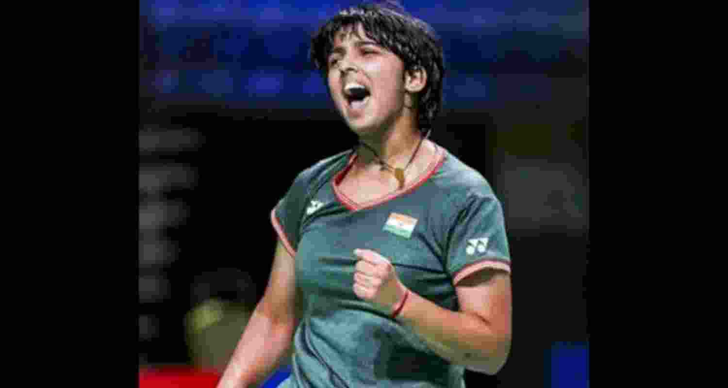 Tanvi Sharma celebrates after winning a point against Ukraine's Polina Buhrova in the women's singles semifinal at the US Open 2025 badminton tournament.