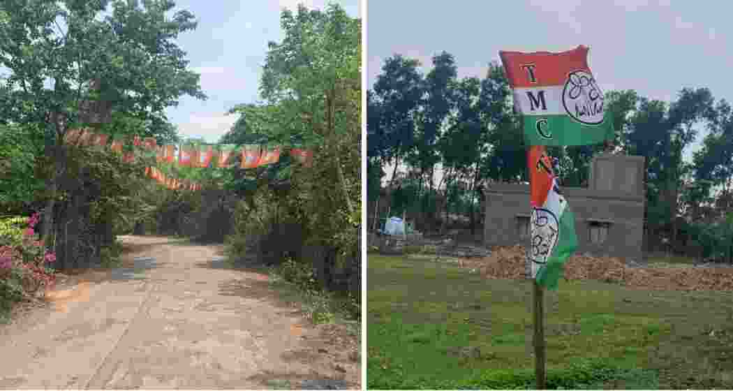 BJP flags displayed along a village road in Kultikri; a TMC flag seen on the way to Gopiballavpur (R).