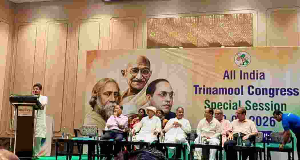 Benga Leader of the Opposition, Ritabrata Banerjee addresses a meeting of rebel TMC legislators and councillors at a hotel in New Town, Kolkata, where the faction announced organisational changes within the party.