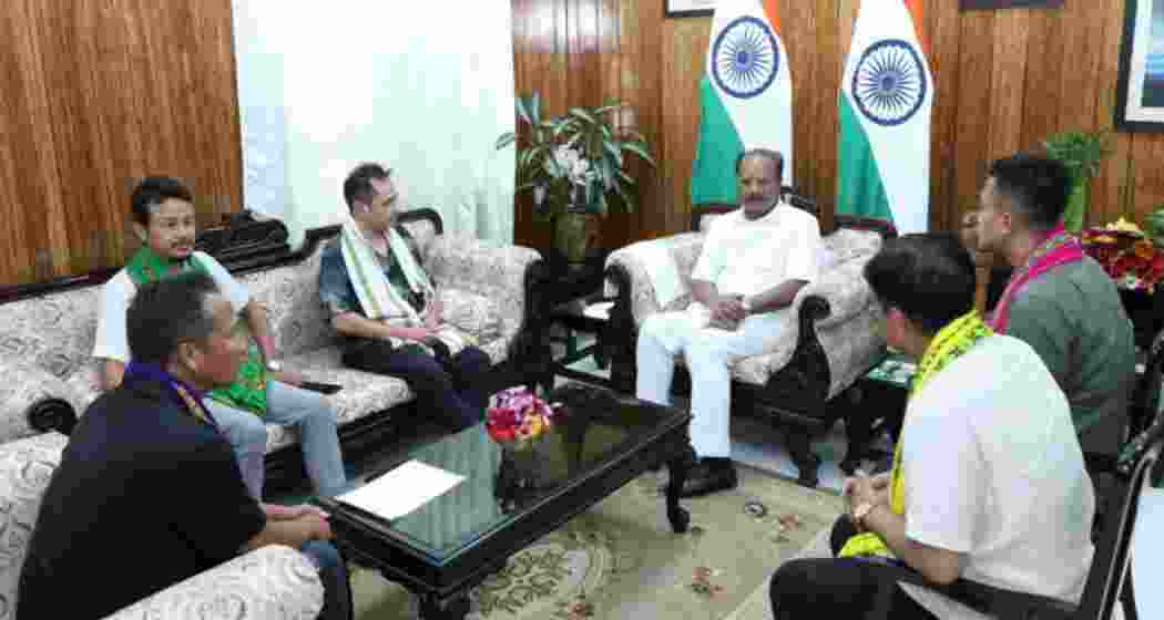 TIPRA Motha leaders meet Governor Indrasena Reddy Nallu at Lok Bhavan in Agartala to initiate the formation of a new TTAADC council. (PC)