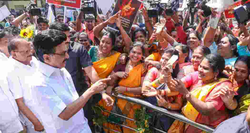  Tamil Nadu M.K. Stalin interacts with women during an election campaign. (PTI)