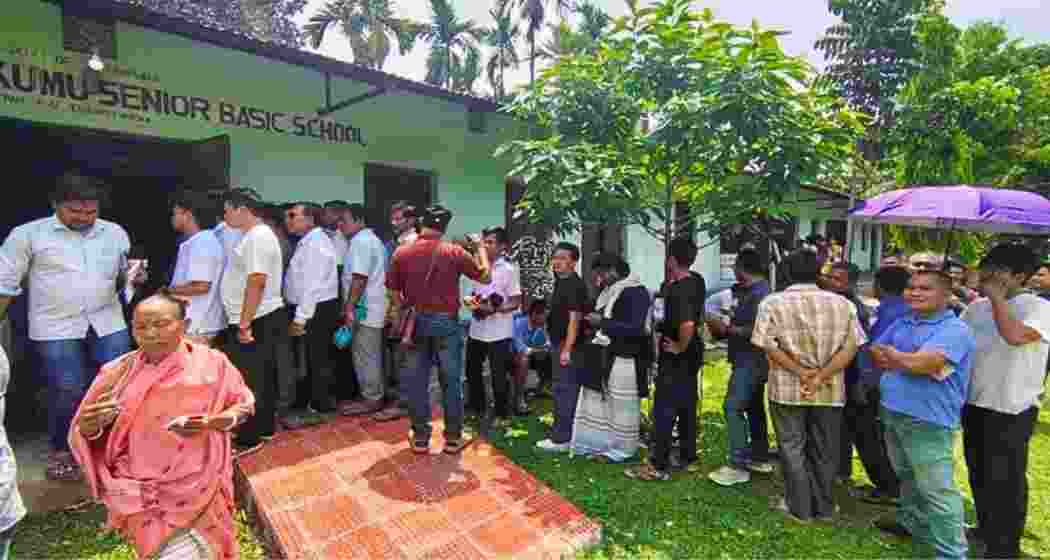 Voters queue at a polling station during Tripura ADC elections, which recorded 83 per cent turnout, with authorities ordering a re-poll at one booth amid minor incidents.