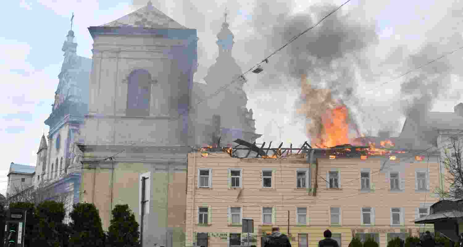 Smoke billowing from the city centre in Lyiv, Ukraine after a Russian drone attack.