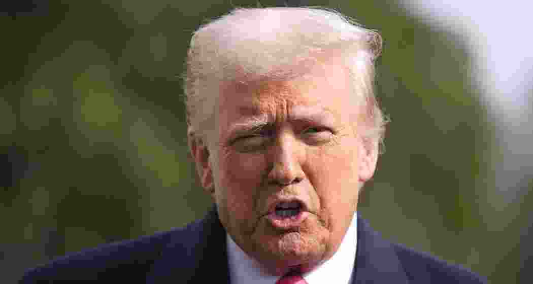 President Donald Trump speaks to mediapersons before departing the White House in Washington, Saturday, Feb. 22, 2025.