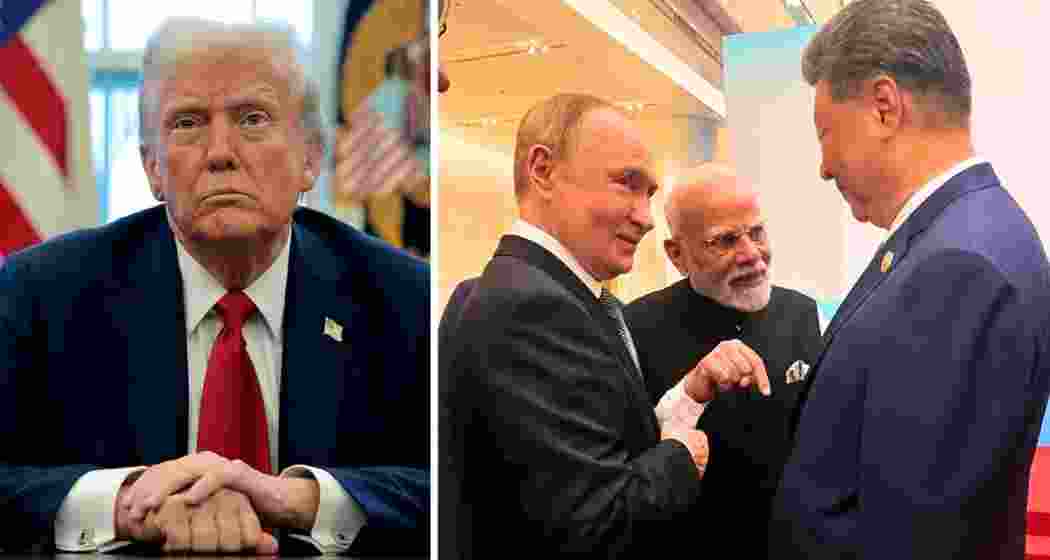 US President Donald Trump (L) posted a photo of Narendra Modi, Vladimir Putin and Xi Jinping at the SCO Summit.