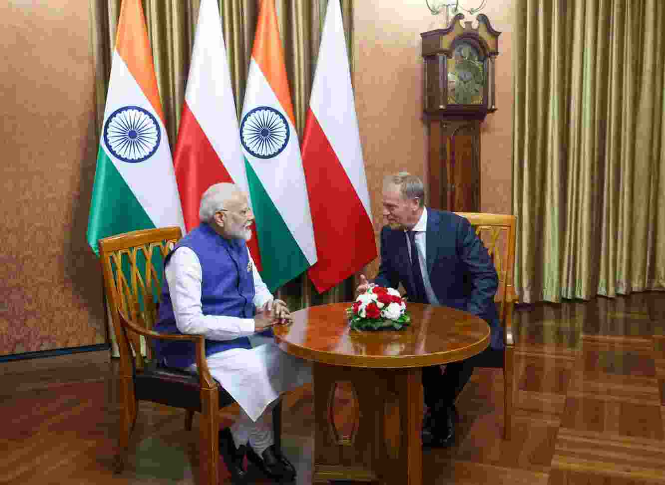 "The conflicts in Ukraine and West Asia are matters of deep concern for all of us. It is India's firm belief that a solution to any problem cannot be found on the battlefield," Modi said after talks with Polish PM Donald Tusk. "The conflicts in Ukraine and West Asia are matters of deep concern for all of us. It is India's firm belief that a solution to any problem cannot be found on the battlefield," Modi said after talks with Polish PM Donald Tusk.