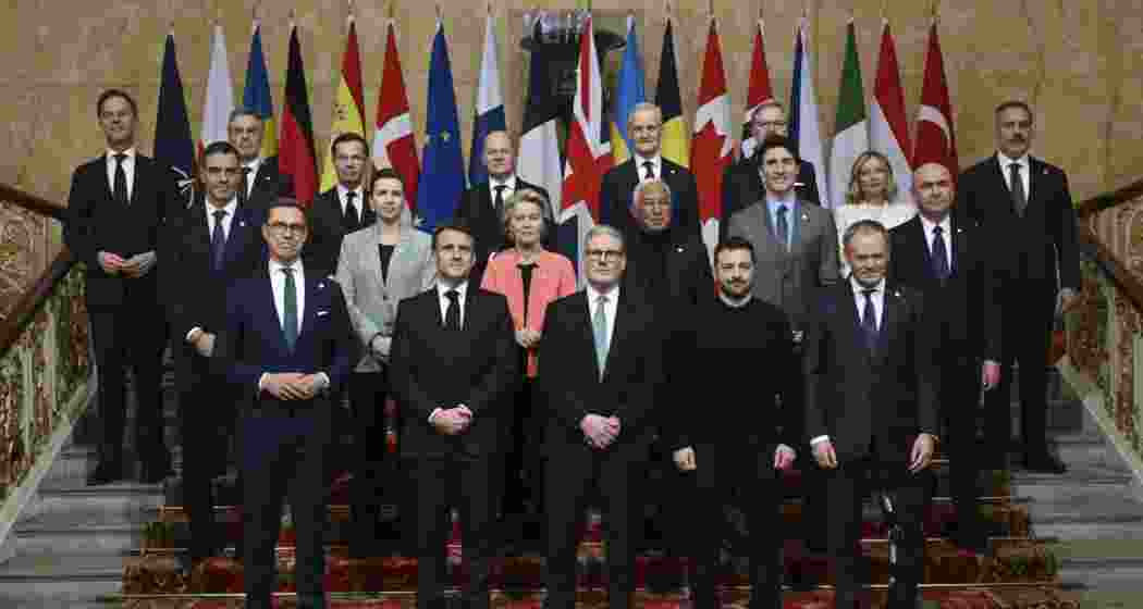 Ukrainian President Volodymyr Zelensky poses with European leaders, including UK Prime Minister Keir Starmer, during a peace talk.