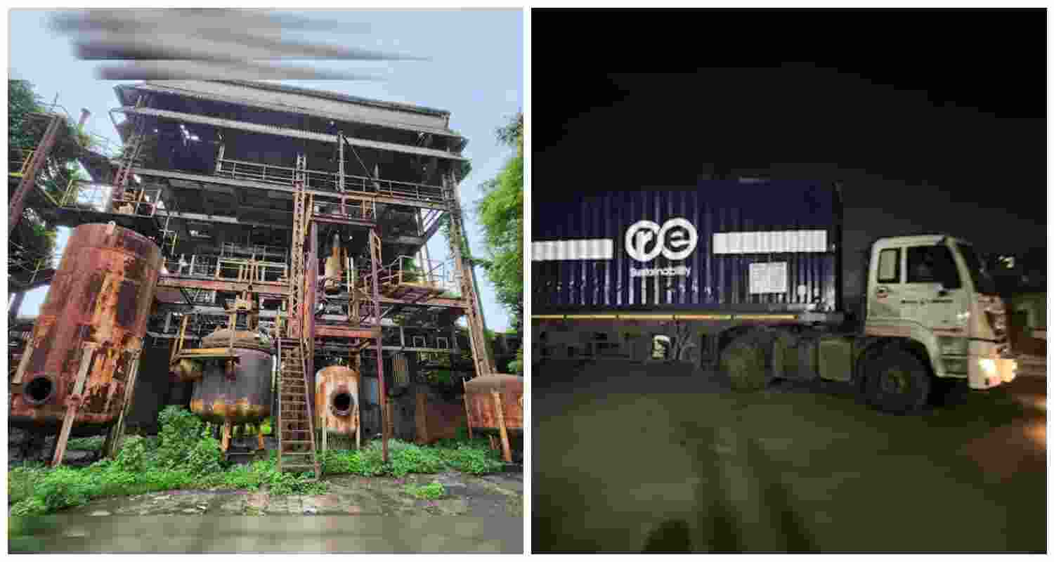 The Union Carbide factory site in Bhopal (L), a lorry transportating toxic waste for disposal (R). The tragedy claimed 8,000 lives within two weeks, with approximately the same number dying from gas-related diseases within the next few years.