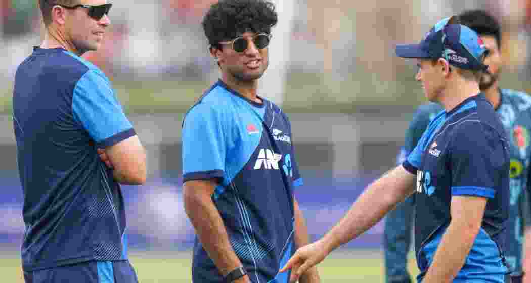 New Zealand captain Tim Southee with teammates during a practice session before the start of the match between Afghanistan and New Zealand, in Greater Noida, Monday, Sept 9, 2024.