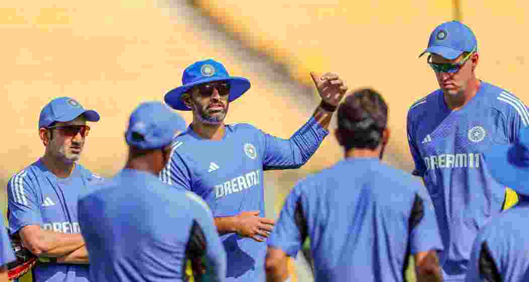 Indian cricket team head coach Gautam Gambhir with players during a training session ahead of the first Test match against Bangladesh.