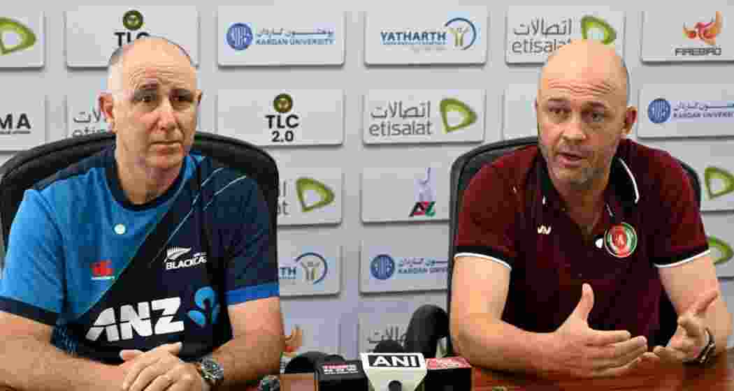 From left to right: New Zealand coach Gary Stead and Afghanistan coach Jonathan Trott at a press conference in Greater Noida.