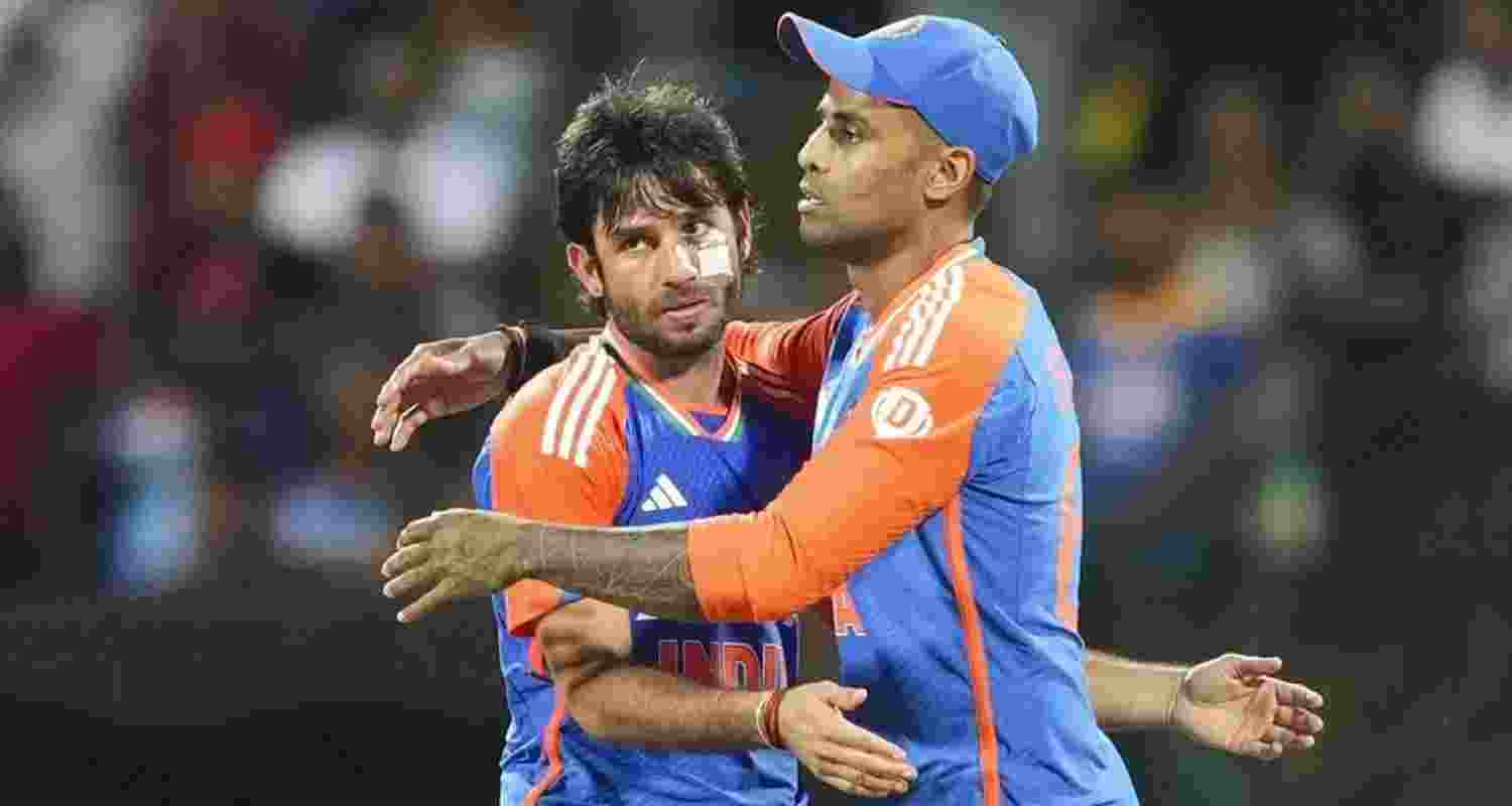 Ravi Bishnoi with captain Suryakumar Yadav. File Image. 