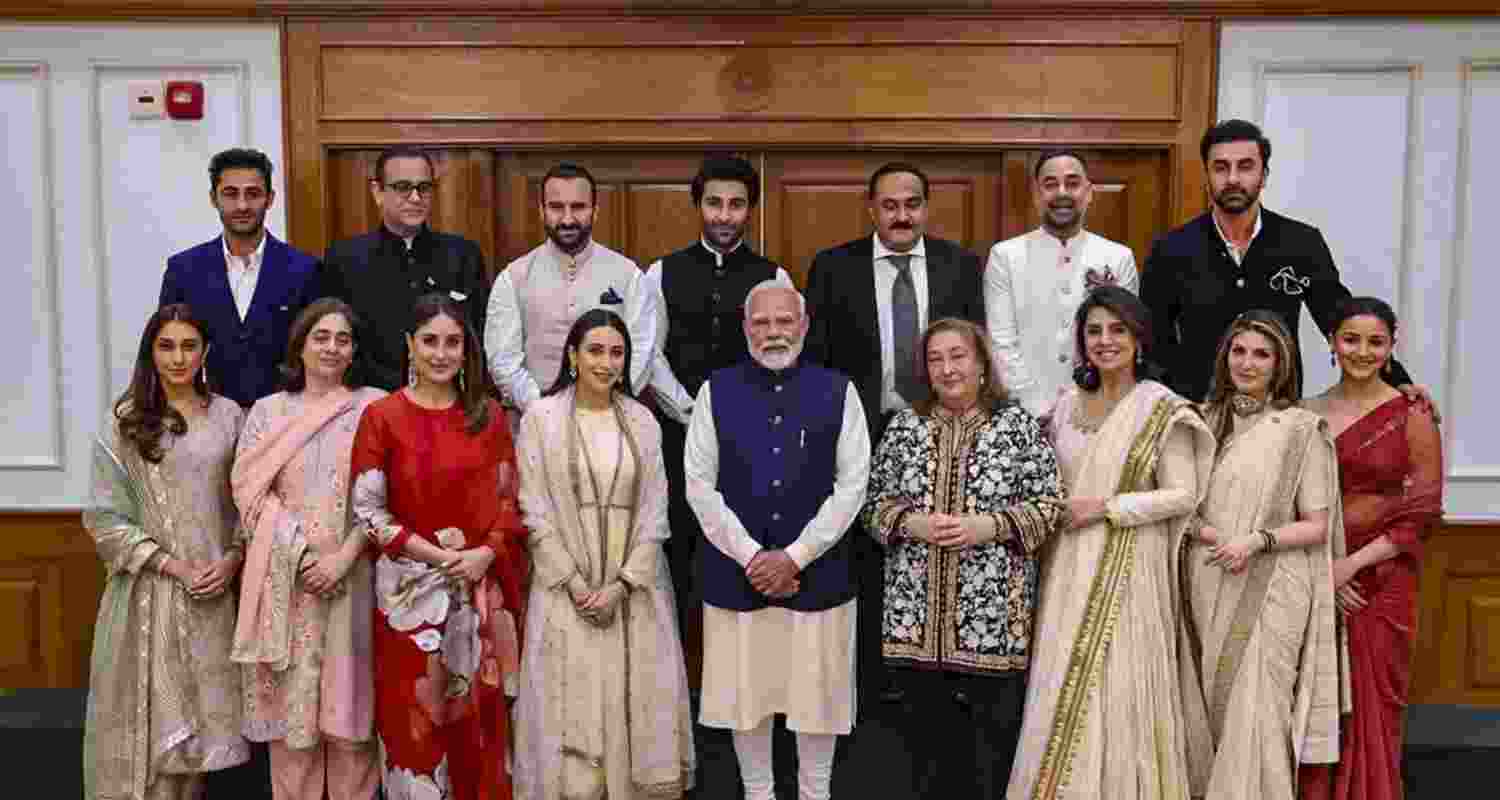 Prime Minister Narendra Modi with the members of Raj Kapoor's family, in New Delhi, Tuesday, Dec. 10, 2024. The entire Kapoor family, including Ranbir Kapoor, Alia Bhatt, Neetu Singh, Kareena Kapoor Khan, Saif Ali Khan, Karisma Kapoor and others met Prime Minister Modi and invited him to the Raj Kapoor Film Festival to be organised to commemorate the 100th birth anniversary of the legendary actor-filmmaker.