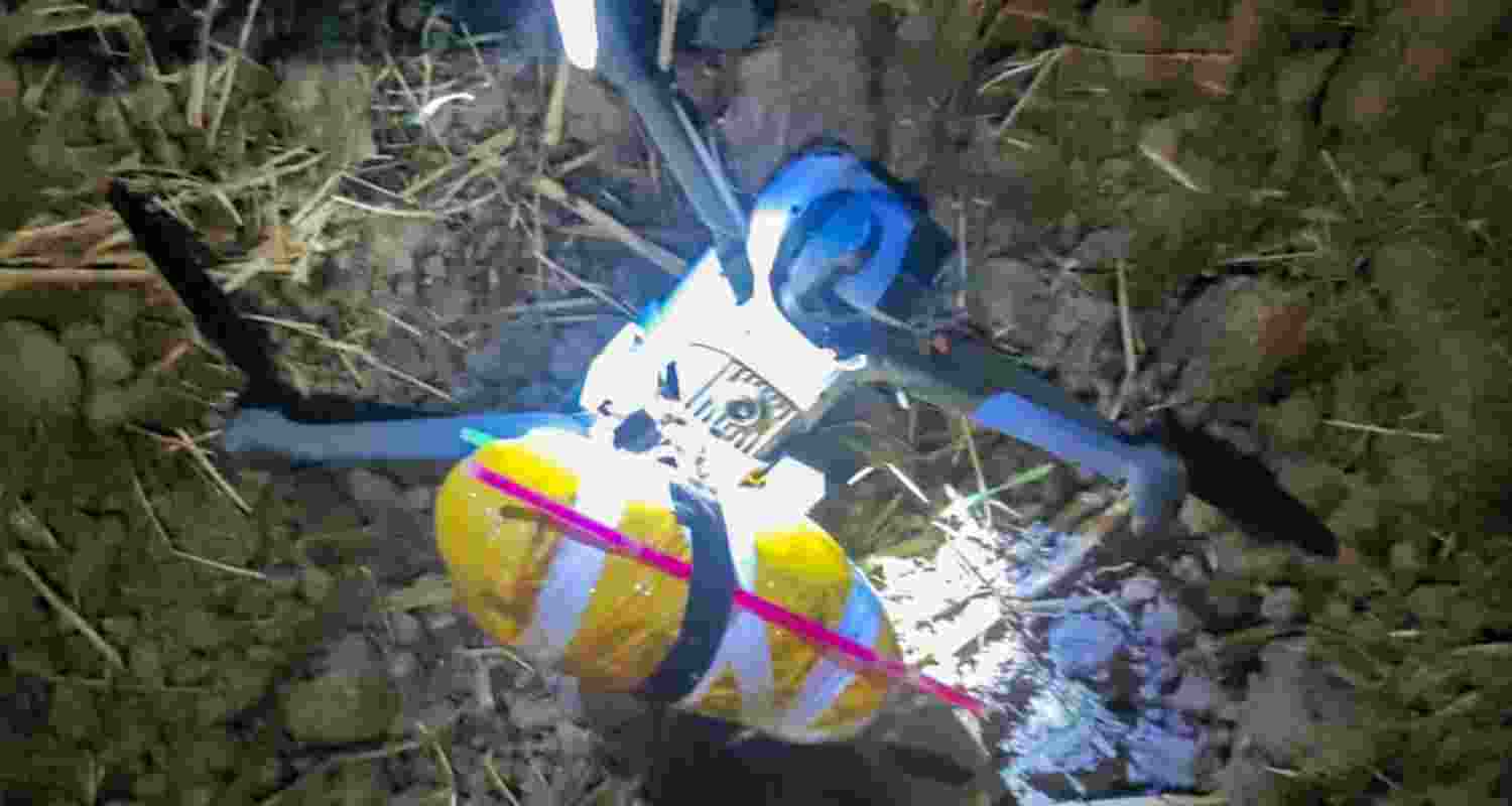 A Pakistani drone carrying nearly half a kg of narcotic substance, after it was seized by the Border Security Force (BSF) near the India-Pakistan border, at Arnia sector of Jammu.