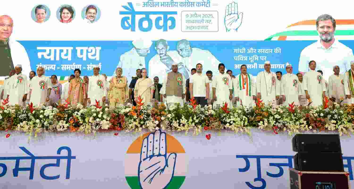 LoP Rahul Gandhi criticises BJP for ignoring minorities at the AICC Convention Meeting in Ahmedabad.