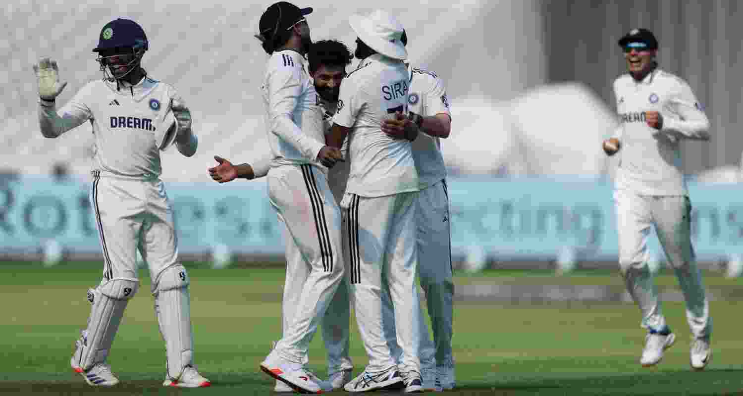 Indian team celebrating a wicket on the opening day of the third Test against England at Lord's on Thursday.