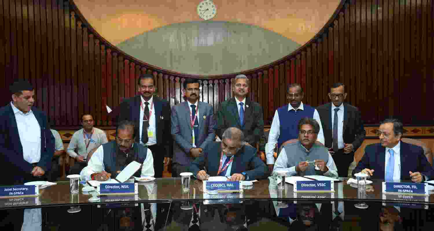 HAL inks SSLV tech deal with ISRO NSIL and IN SPACe in Bengaluru.