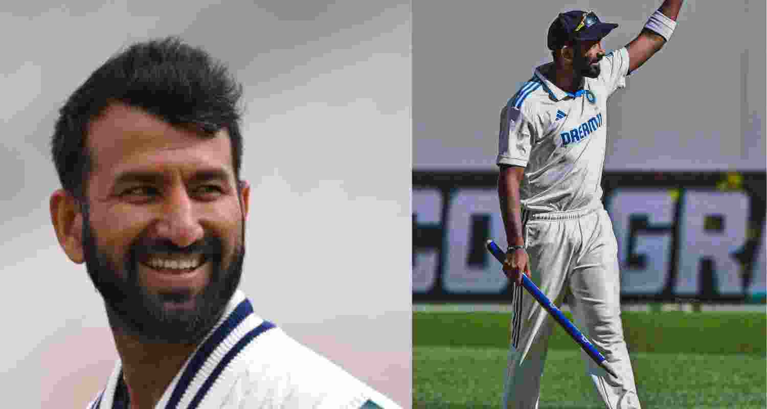 (L-R)  Cheteshwar Puajra and Jasprit Bumrah. Images: X. 