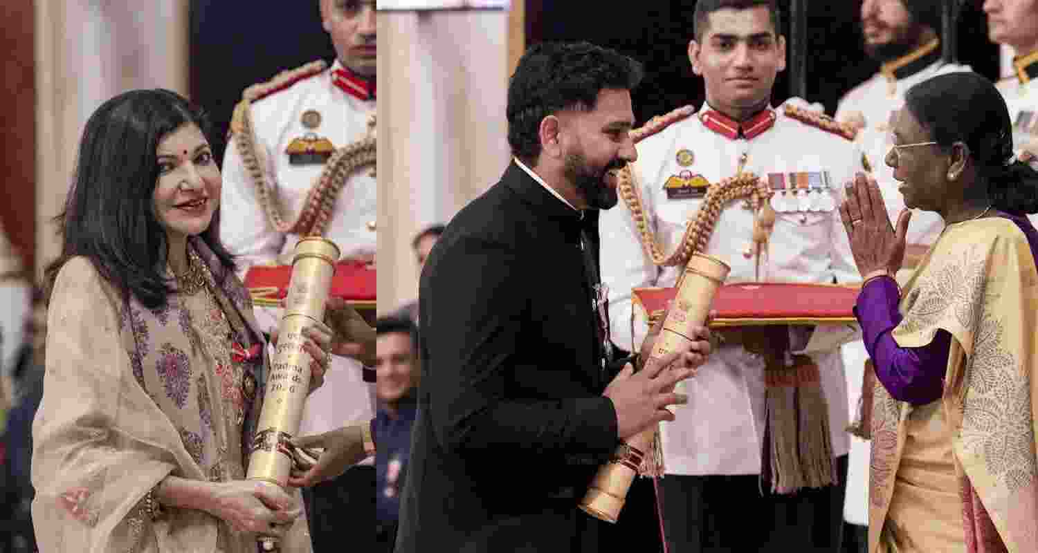 President Droupadi Murmu confers the Padma Shri on singer Alka Yagnik and cricketer Rohit Sharma at the Rashtrapati Bhavan, in New Delhi, on Tuesday.