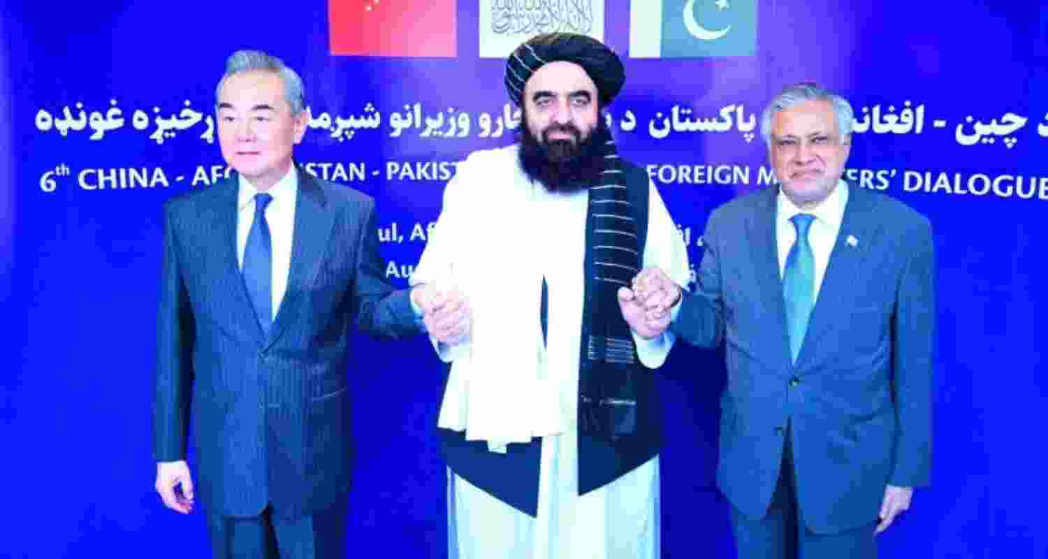 Wang Yi, Amir Khan Muttaqi and Ishaq Dar met in Kabul on August 20 for the trilateral dialogue among foreign ministers of China, Afghanistan and Pakistan (Handout/Pakistan's Ministry of Foreign Affairs).