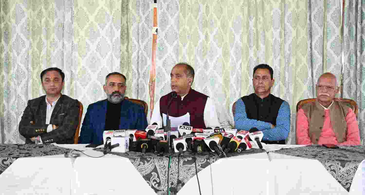 Jai Ram Thakur addresses mediapersons in Shimla on Tuesday.
